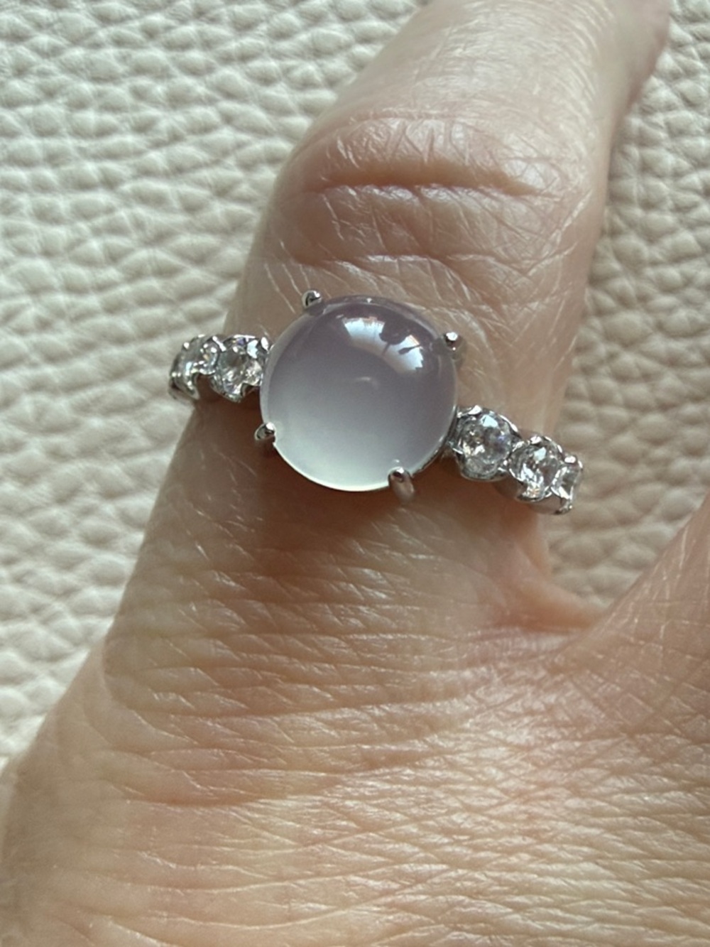 White Gold Plated Cabochon Ring with Clear Accent Stones - size Adjustable
